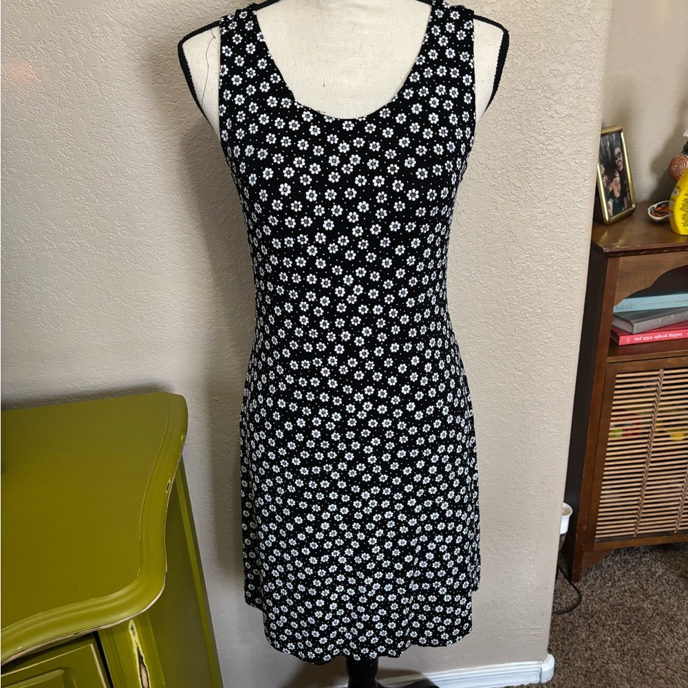 90s Black and White Floral Women's Dress M